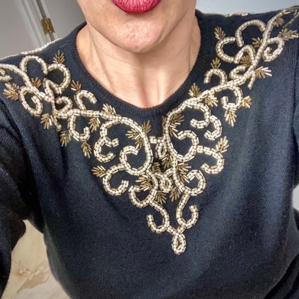 Vintage Liz Claiborne black Baroque beaded lambswool crewneck sweater size small